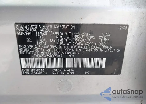 2009 Toyota Rav4 Base V6 from USA, damaged, VIN JTMBK33V39D005047